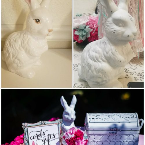 diy wedding deals-thrift store before and after Easter Bunny ceramic figure spray painted to shabby chic/vintage Alice in Wonderland -The White Rabbit